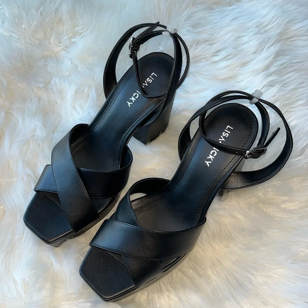 🆕 Lisa Vicky Leather Strappy Platform Heel Sandals Black Size 8